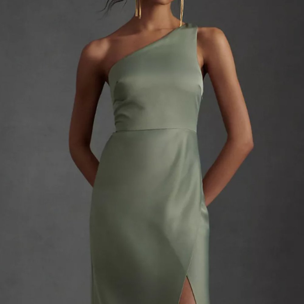 Anthropologie BHLDN Dylan One-Shoulder Satin Side-Slit Gown - Size 16 - Moss